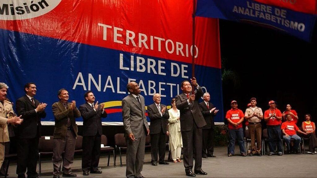 President Hugo Chávez celebrates the eradication of illiteracy in Venezuela, as declared by UNESCO on October 28, 2005. File photo.