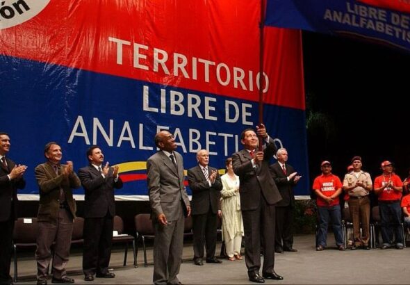 President Hugo Chávez celebrates the eradication of illiteracy in Venezuela, as declared by UNESCO on October 28, 2005. File photo.