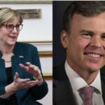 Laura Dogu and her successor John Barrett. Photos: AP.