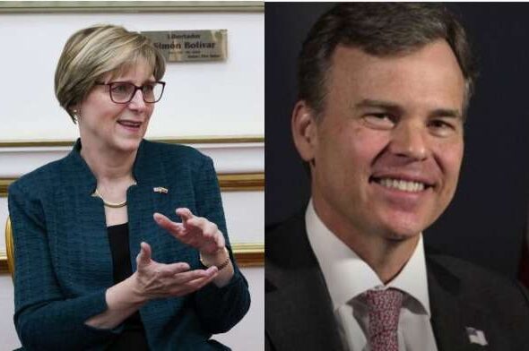 Laura Dogu and her successor John Barrett. Photos: AP.