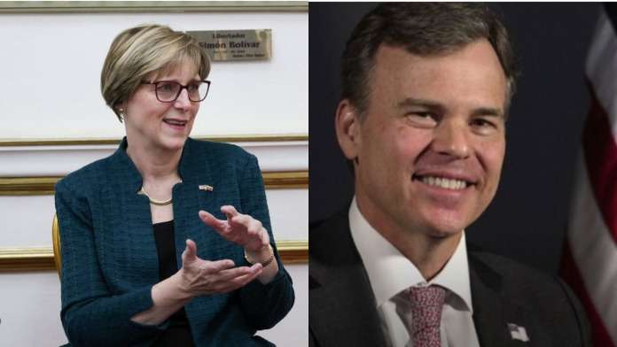 Laura Dogu and her successor John Barrett. Photos: AP.