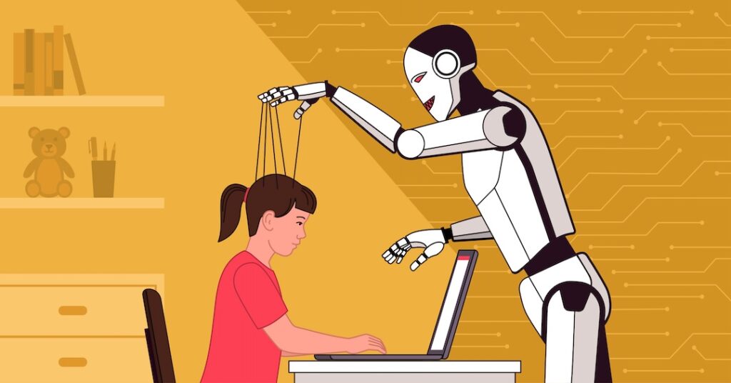 An AI robot controlling a child's mind, styled like a puppet master manipulating a marionette while the child interacts with a laptop. Photo: Caitlin Johnstone.