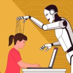 An AI robot controlling a child's mind, styled like a puppet master manipulating a marionette while the child interacts with a laptop. Photo: Caitlin Johnstone.