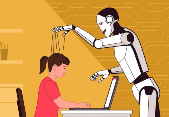 An AI robot controlling a child's mind, styled like a puppet master manipulating a marionette while the child interacts with a laptop. Photo: Caitlin Johnstone.