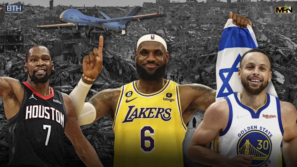 Visual composition showing basketball stars superimposed over the ruins of buildings and holding up the flag of "Israel" with a drone flying in the background. Photo: MintPress News.