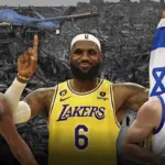 Visual composition showing basketball stars superimposed over the ruins of buildings and holding up the flag of "Israel" with a drone flying in the background. Photo: MintPress News.