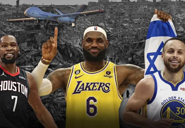 Visual composition showing basketball stars superimposed over the ruins of buildings and holding up the flag of "Israel" with a drone flying in the background. Photo: MintPress News.