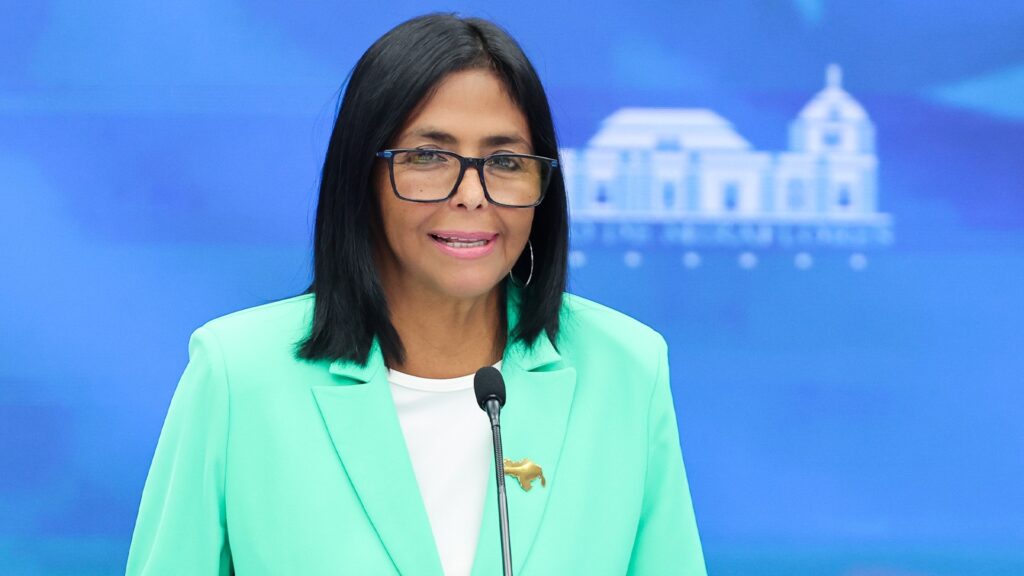 Venezuelan Acting President Delcy Rodríguez at Miraflores Palace on Wednesday, April 8, 2026. Photo: Venezuelan Presidential Press.