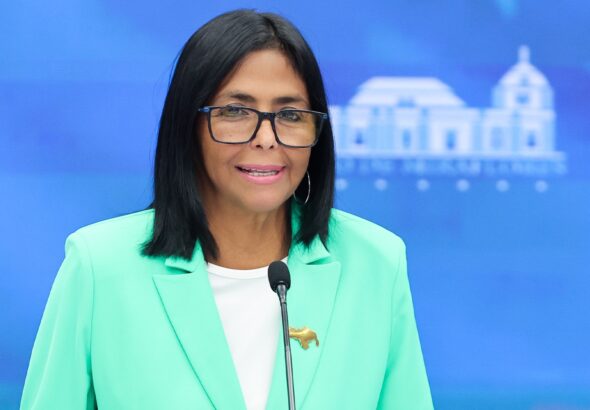 Venezuelan Acting President Delcy Rodríguez at Miraflores Palace on Wednesday, April 8, 2026. Photo: Venezuelan Presidential Press.