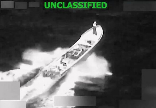 An image from a video provided by the US Southern Command, showing a small boat accused of trafficking drugs in the eastern Pacific Ocean shortly before it was destroyed by the US, killing two and injuring one, on January 23, 2026. Photo: US Southern Command/AP/file photo.