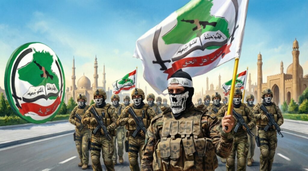 A procession of fighters from the Asa'ib Ahl al-Haq militia, a prominent Shiite paramilitary group in Iraq supported by Iran. Photo: MintPress News.