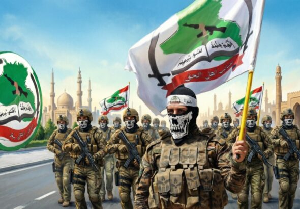 A procession of fighters from the Asa'ib Ahl al-Haq militia, a prominent Shiite paramilitary group in Iraq supported by Iran. Photo: MintPress News.