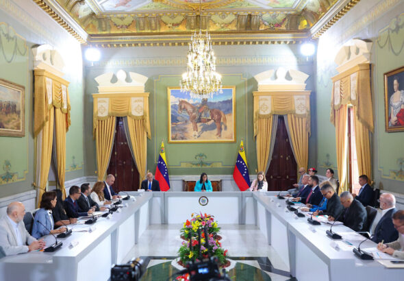 The acting president of Venezuela, Delcy Rodríguez, chairs the event establishing the Commission for the Great National Consultation on Justice System Reform at Miraflores Palace, Caracas, April 23, 2026. Photo: Presidential Press.