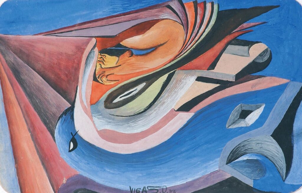 A gouache painting titled 'Composición con pájaro azul' created in 1942 by the Venezuelan modern artist Oswaldo Vigas. Photo: Oswaldo Vigas Foundation.