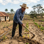 A farmer working on a small, subsistence-level plot, often characterized by manual labor and limited mechanization due to resource constraints. Photo: Radio Angulo.