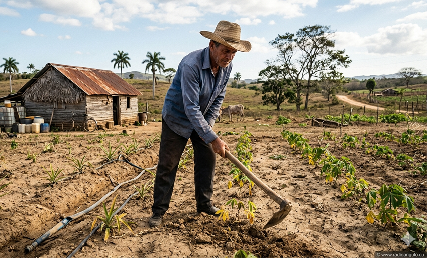 A farmer working on a small, subsistence-level plot, often characterized by manual labor and limited mechanization due to resource constraints. Photo: Radio Angulo.