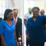 Delcy Rodríguez received by the Barbadian Prime Minister Mia Mottley at her official residence, Illaro Court, in Bridgetown on Monday, April 27, 2026. Photo: Venezuelan Presidential Press.