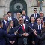 Venezuelan Foreign Minister Yvan Gil giving statements to the press after the first day of the ICJ hearings on the Essequibo territory dispute. Photo: Venezuelan Ministry of Foreign Affairs.