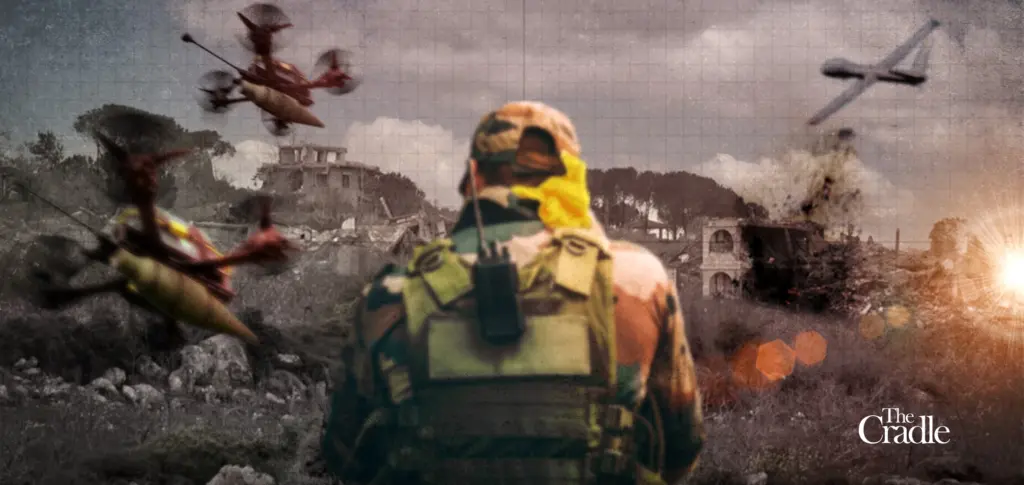 The photo composition shows a devastated conflict zone, drones attacking, and in the center a soldier observing the destroyed area. Photo: The Cradle.