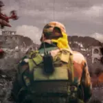 The photo composition shows a devastated conflict zone, drones attacking, and in the center a soldier observing the destroyed area. Photo: The Cradle.