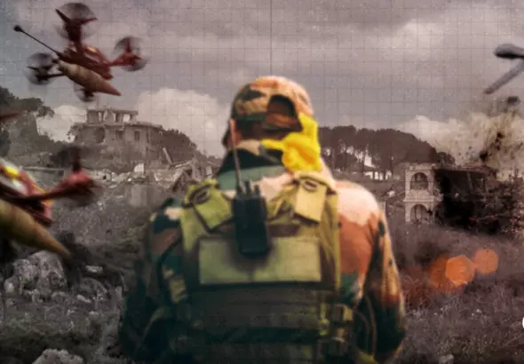 The photo composition shows a devastated conflict zone, drones attacking, and in the center a soldier observing the destroyed area. Photo: The Cradle.
