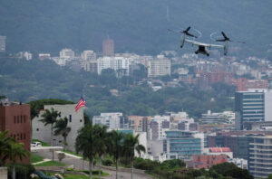A US Bell Boeing V-22 Osprey military helicopter during the empire's show of force on May 23 in Caracas, Venezuela. Photo: Leonardo Fernandez Viloria/Reuters.