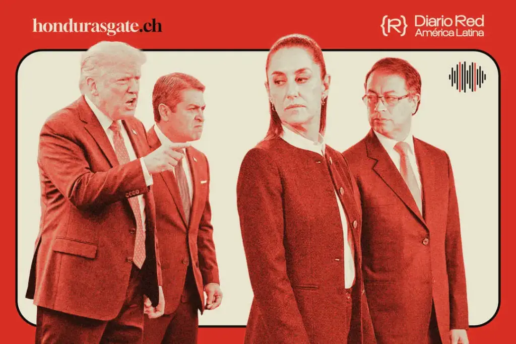 AI-generated composition of Donald Trump and Juan Orlando Hernández in a confrontational stance, with Presidents Claudia Sheinbaum and Gustavo Petro observing over their shoulders. Photo: Diario Red.