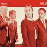 AI-generated composition of Donald Trump and Juan Orlando Hernández in a confrontational stance, with Presidents Claudia Sheinbaum and Gustavo Petro observing over their shoulders. Photo: Diario Red.