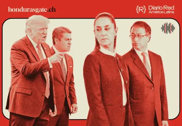 AI-generated composition of Donald Trump and Juan Orlando Hernández in a confrontational stance, with Presidents Claudia Sheinbaum and Gustavo Petro observing over their shoulders. Photo: Diario Red.