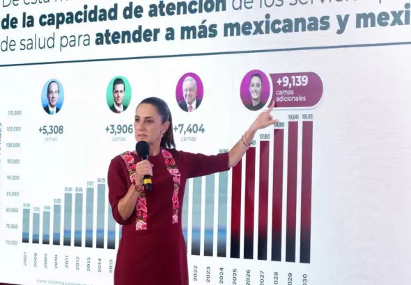 Mexican president Claudia Sheinbaum highlighting her plan to create more than 9,000 hospital beds during her term in office. Photo: Mexican Presidency.