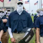 Members of the far-right Patriot Front group march in Washington DC on 13 May 2023.. Photograph: Nathan Posner/Shutterstock/file photo.