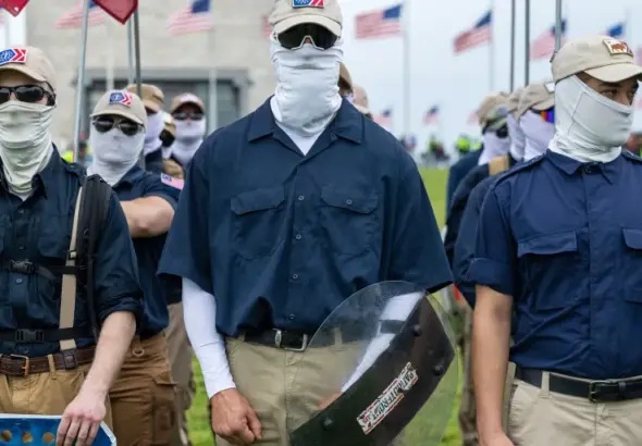 Members of the far-right Patriot Front group march in Washington DC on 13 May 2023.. Photograph: Nathan Posner/Shutterstock/file photo.
