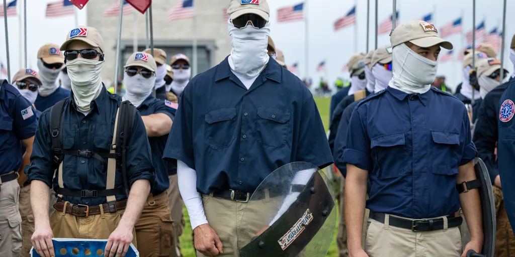 Members of the far-right Patriot Front group march in Washington DC on 13 May 2023.. Photograph: Nathan Posner/Shutterstock/file photo.
