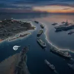 A graphic illustration representing a geopolitical situation regarding a naval blockade in the Strait of Hormuz. Photo: Zeinab al-Hajj/Al Mayadeen English.