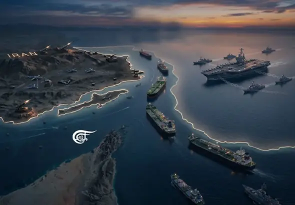 A graphic illustration representing a geopolitical situation regarding a naval blockade in the Strait of Hormuz. Photo: Zeinab al-Hajj/Al Mayadeen English.