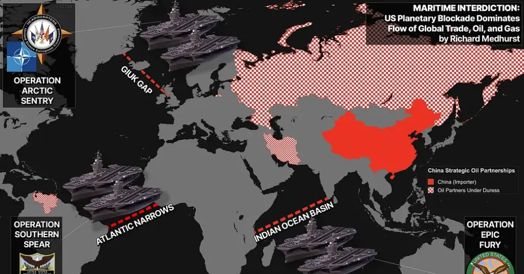 "MARITIME INTERDICTION: US Planetary Blockade Dominates Flow of Global Trade, Oil, and Gas," was created by independent journalist Richard Medhurst. It illustrates his argument that the United States is orchestrating a coordinated "global energy heist" to monopolize energy supplies and isolate its geopolitical rivals. Photo: Substack.