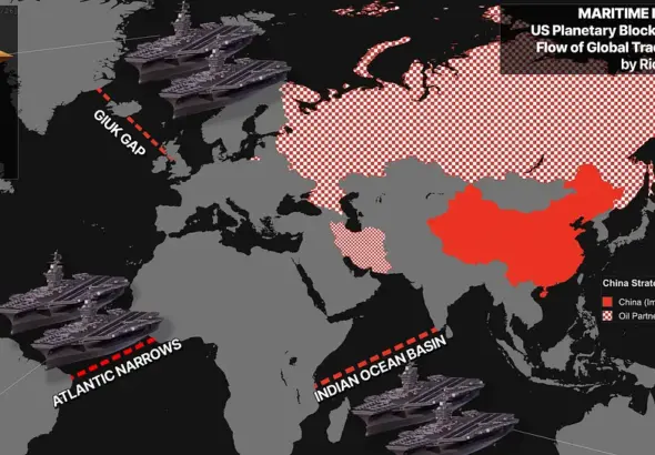 "MARITIME INTERDICTION: US Planetary Blockade Dominates Flow of Global Trade, Oil, and Gas," was created by independent journalist Richard Medhurst. It illustrates his argument that the United States is orchestrating a coordinated "global energy heist" to monopolize energy supplies and isolate its geopolitical rivals. Photo: Substack.