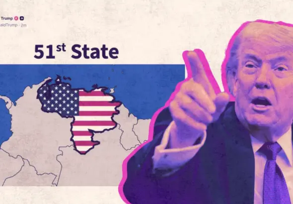 The image shows a title that reads "51st State," Donald Trump pointing with his right index finger (in the foreground), and a map of Venezuela painted with the US flag (in the background). Photo: CODEPINK.