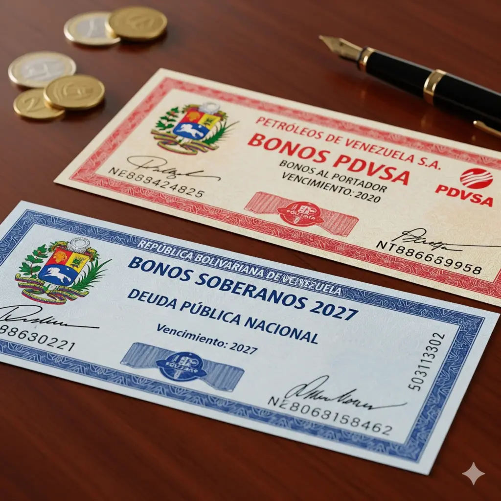 Printed physical certificates of Venezuelan sovereign bonds and publicly-owned oil company PDVSA (Petróleos de Venezuela SA) bonds. Photo: File photo.