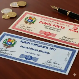 Printed physical certificates of Venezuelan sovereign bonds and publicly-owned oil company PDVSA (Petróleos de Venezuela SA) bonds. Photo: File photo.