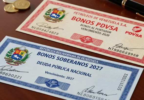 Printed physical certificates of Venezuelan sovereign bonds and publicly-owned oil company PDVSA (Petróleos de Venezuela SA) bonds. Photo: File photo.
