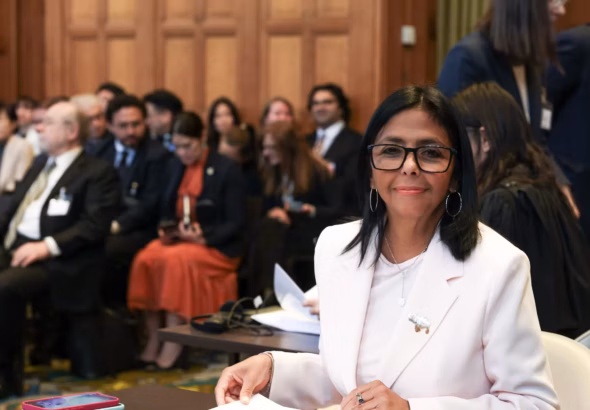 Acting President Delcy Rodríguez defends Venezuela’s historical rights over the Essequibo in person at the ICJ on Monday, May 11, 2026. Photo: X/@maduroguerra.