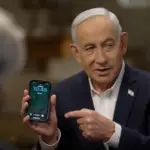 Benjamin Netanyahu holds up a mobile phone during an interview on 60 Minutes on May 11, 2026. Photo: Caitlin Johnstone/file photo.