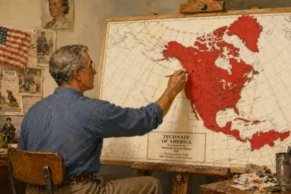 A man painting a map illustrating the "Technate of America," a proposal from the 1930s technocracy movement. Photo: LA Progressive.