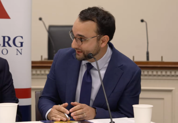 The man in the image is Nick Stewart, a former pro-Israel lobbyist and current hardline advisor on Iran policy. Photo: The Grayzone/File photo.