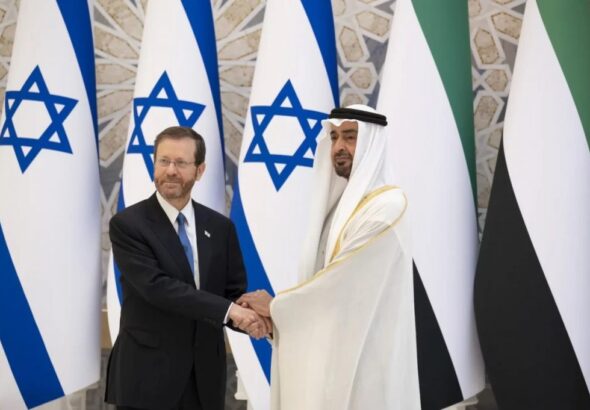 The president of the Zionist entity, Isaac Herzog with the UAE's Sheikh Mohamed bin Zayed Al Nahyan on February 4, 2022. Photo: Mohamed Bin Zayed/X.