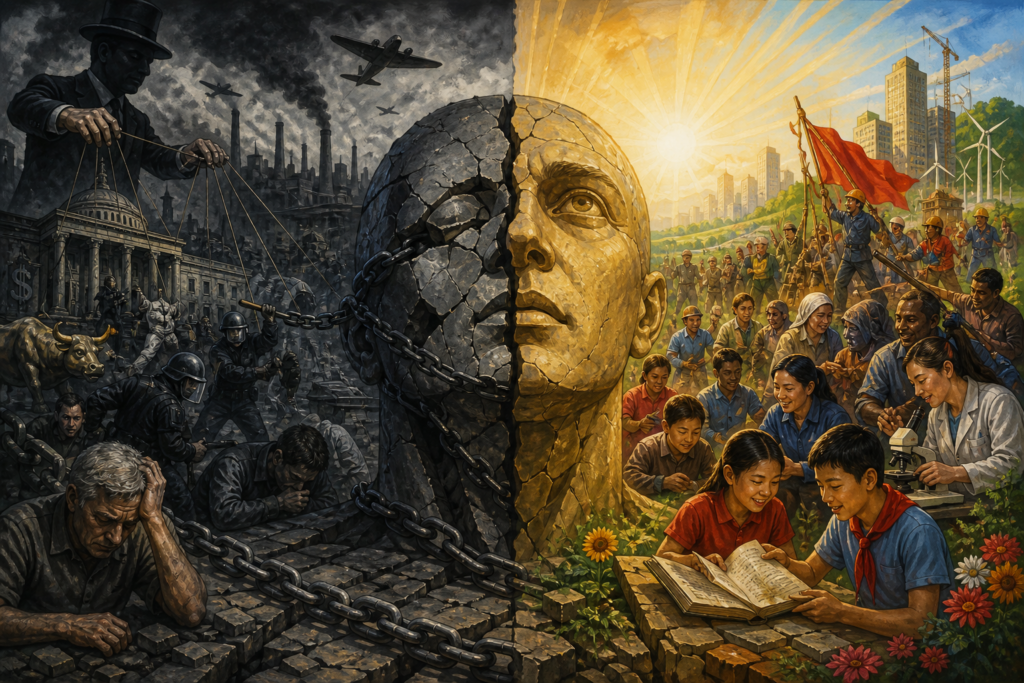 Illustration depicting capitalism (left) and socialism (right). Photo: AI-generated image.