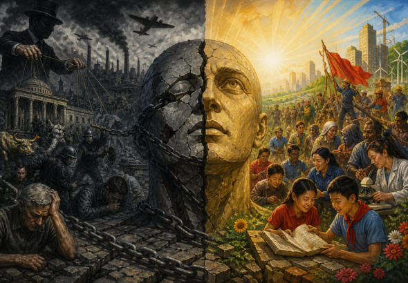 Illustration depicting capitalism (left) and socialism (right). Photo: AI-generated image.