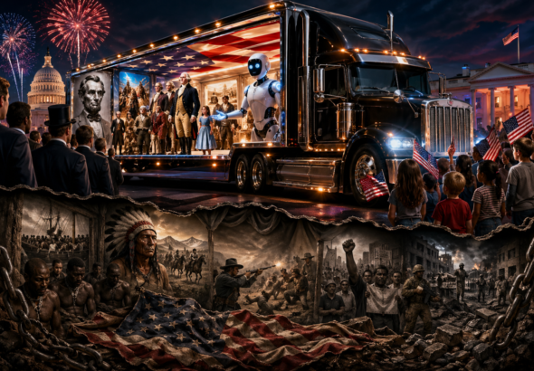 The AI image as a whole seems to represent a contrast between the idealized and celebratory version of history (above) and the harsher, more painful realities (below), inviting reflection on how historical memory is constructed and which aspects are highlighted or hidden. Photo: Prince Kapone.