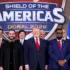 Guyanese President Irfaan Ali (right of center) stood next to US President Donald Trump (center) during the Shield of the Americas event in Doral, Florida, on March 7, 2026. Photo: Reuters/File photo.